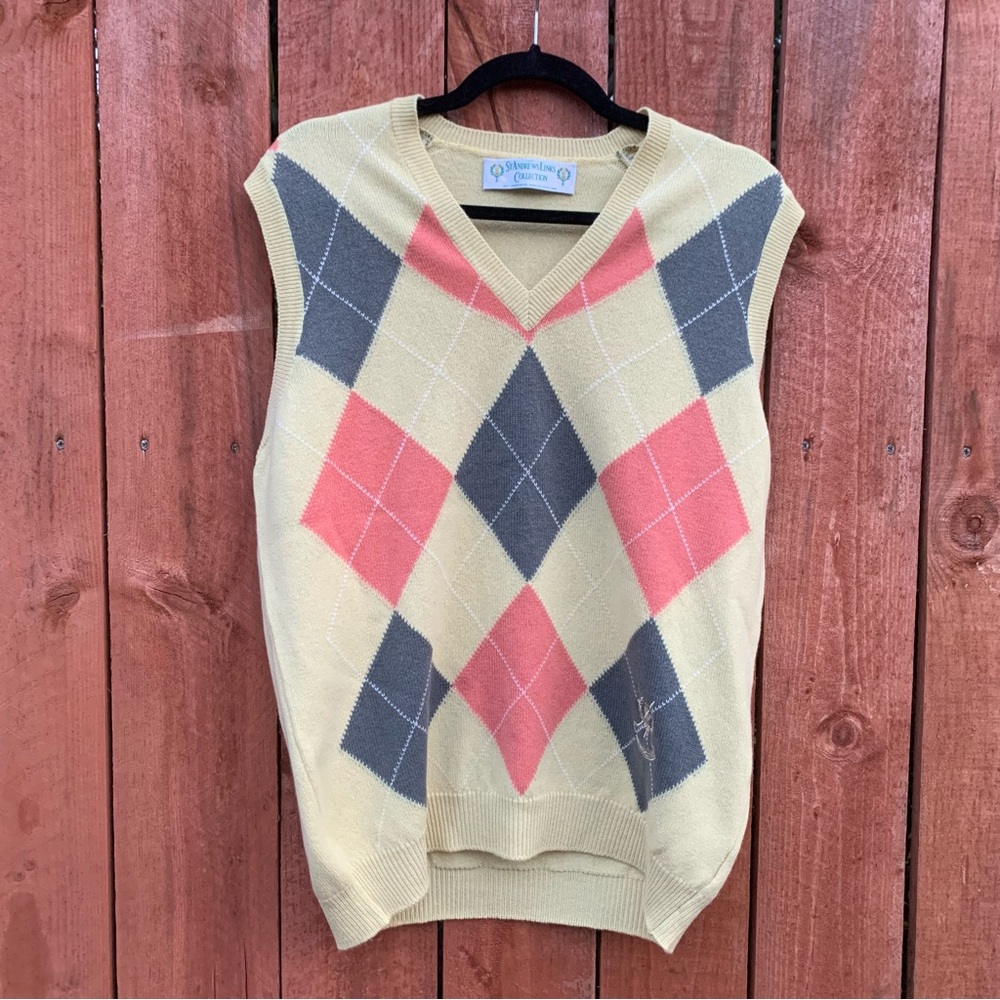 Vintage Argyle Sweater Vest - Cream, Gray, and Pink